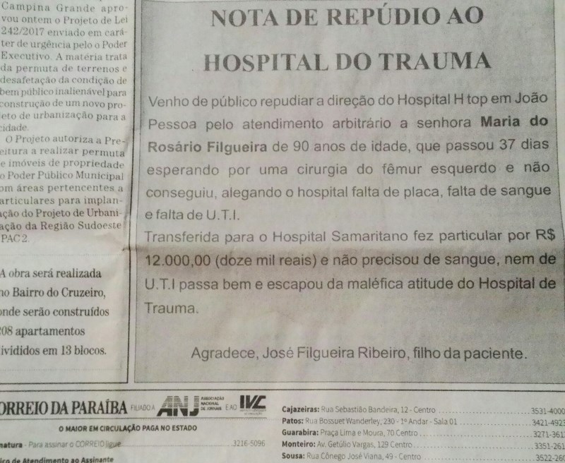 Nota de repúdio. Reprodução jornal Correio da Paraíba 