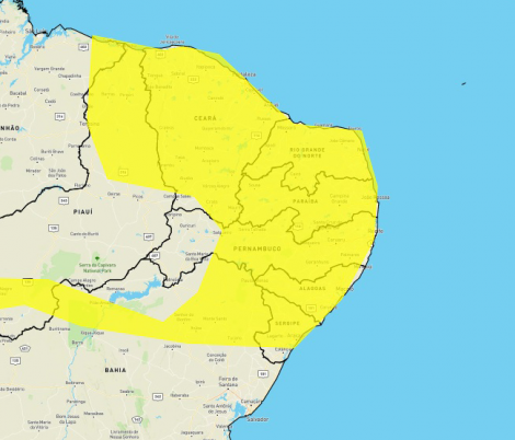 Alerta amarelo de perigo potencial de chuvas intensas foi emitido para todas as 223 cidades do estado